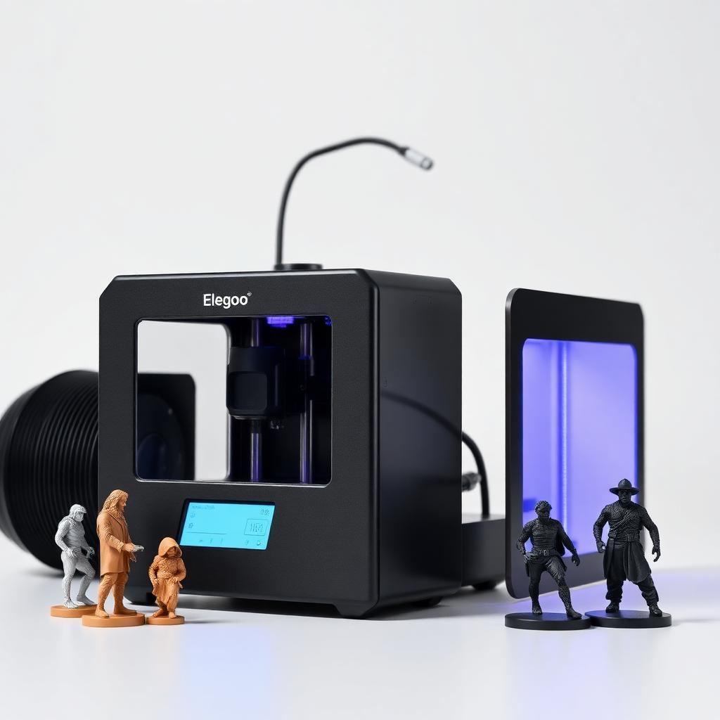 Elegoo Saturn resin 3D printer met UV-scherm naast gedetailleerde geprinte miniaturen