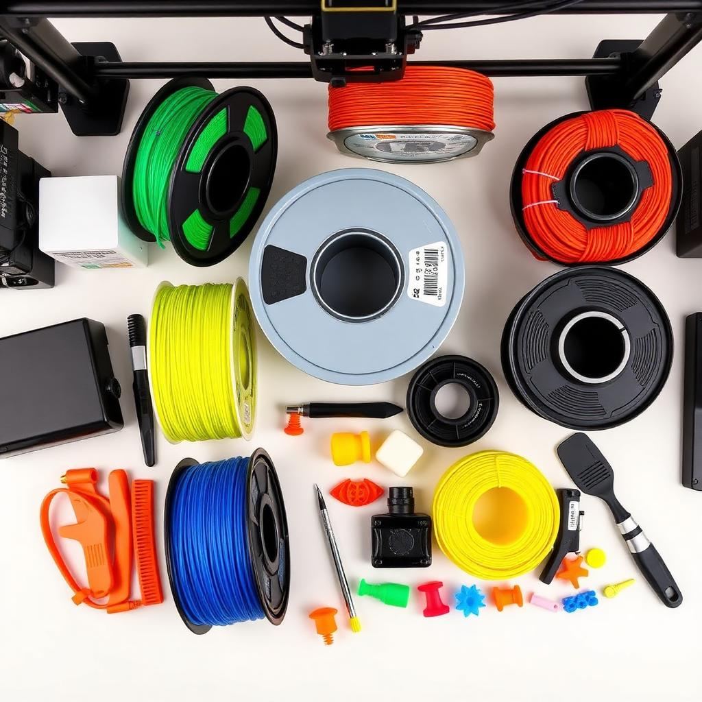 Overzicht van 3D printmaterialen waaronder PLA PETG en ABS filament