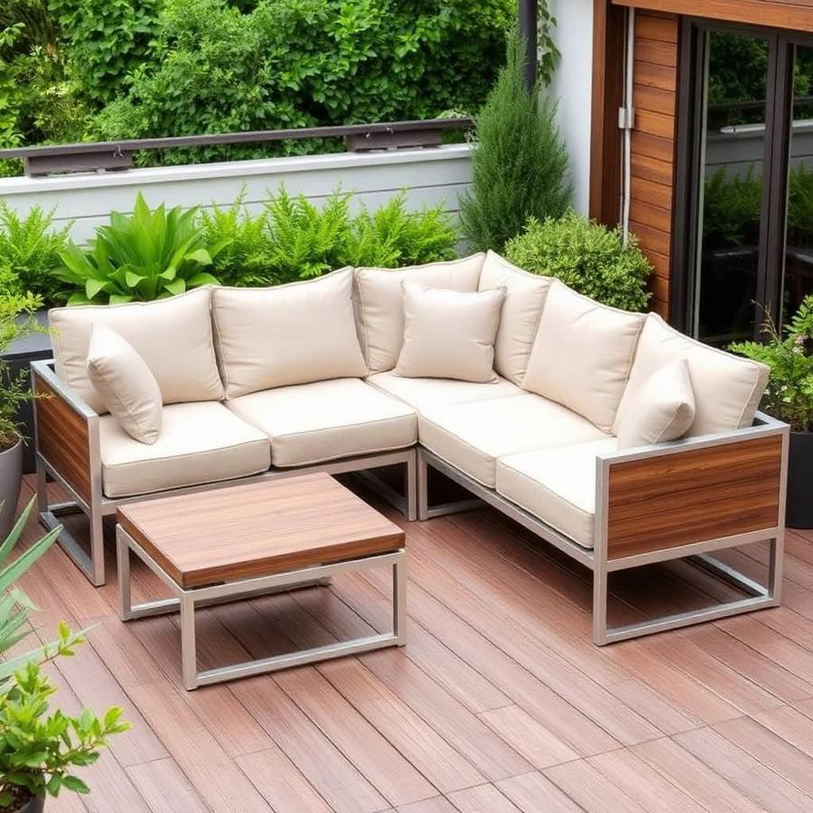 L-Vormige Loungeset Aluminium met Teakhouten Accenten – Beige Kussens