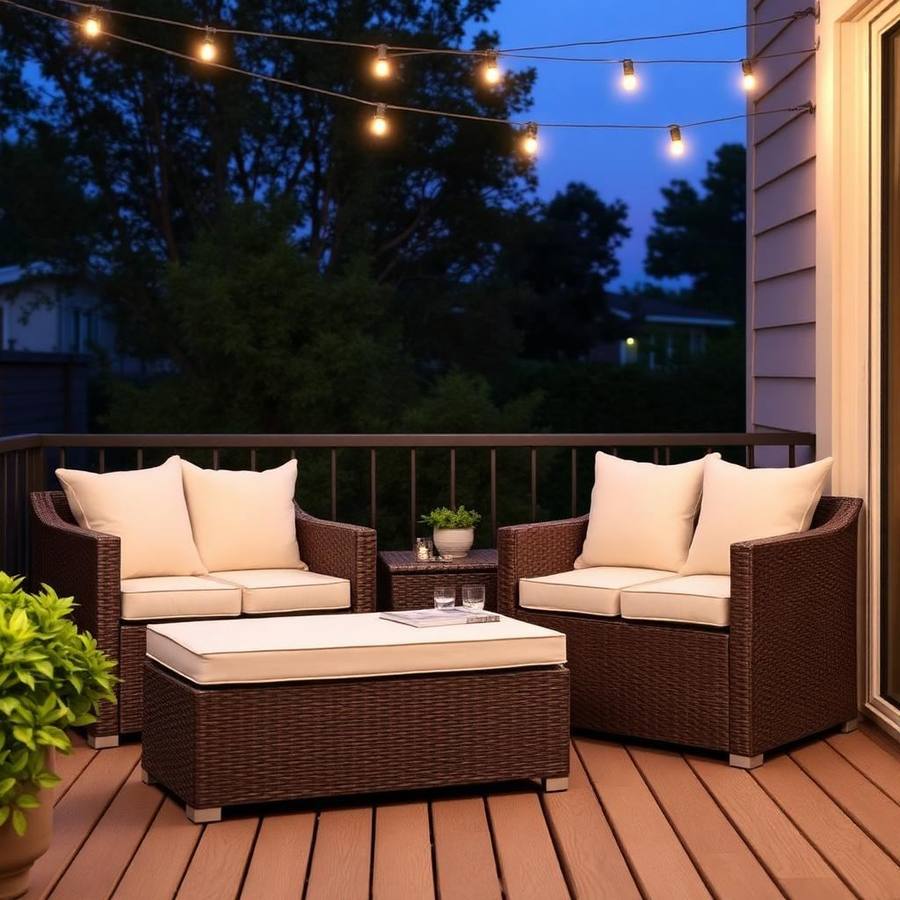 Compact Balkon Loveseat met Ottoman – Bruin Poly-rattan