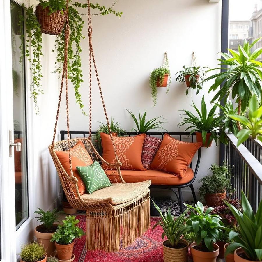 Boho Balkon Hangstoel met Lounge Bench – Terracotta Kussens