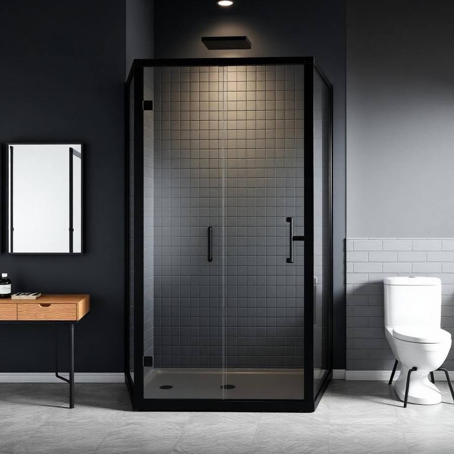 Industriële Walk-in Douche met Ruitpatroon Glaswand – Mat Zwart Steellook Scherm