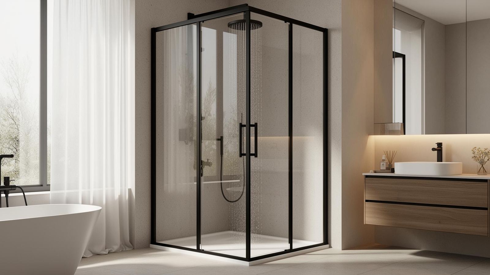 Luxe douchecabine met zwart frame in een moderne badkamer
