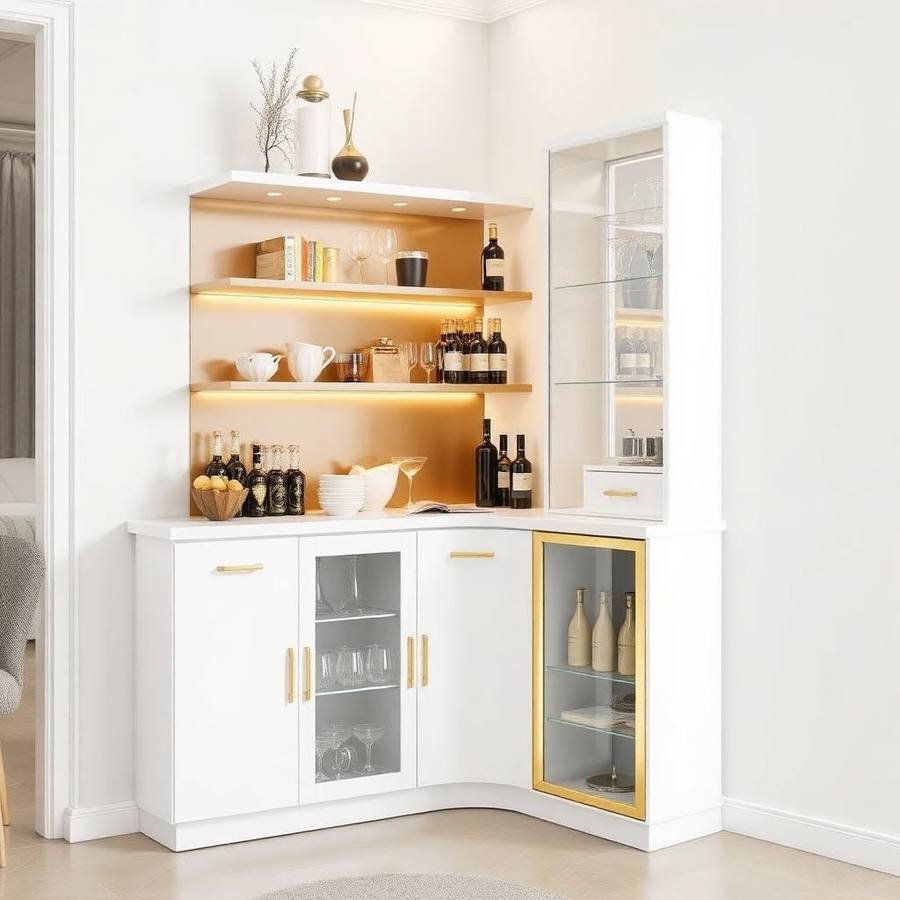 Modern Hoek Bar Meubel met Open Schappen – Slimme Bar voor de Hoek van de Kamer