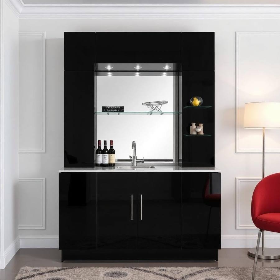 Zwarte Hoogglans Barkast met Spiegel – Strak Modern Bar Meubel met Verlichting