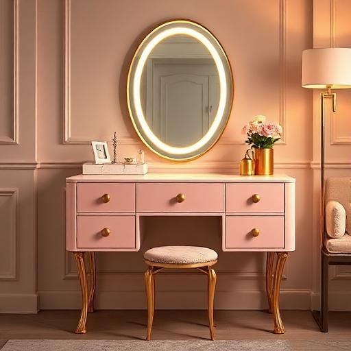Kaptafel met Verlichte Spiegel & Fluwelen Kruk Roze