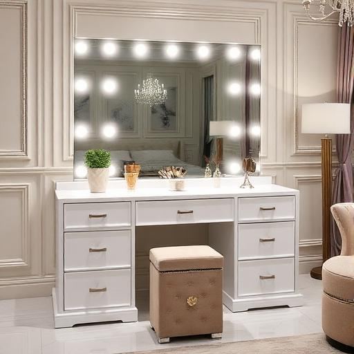 Luxe Make-up Kaptafel met 5 Laden & Verlichte Spiegel