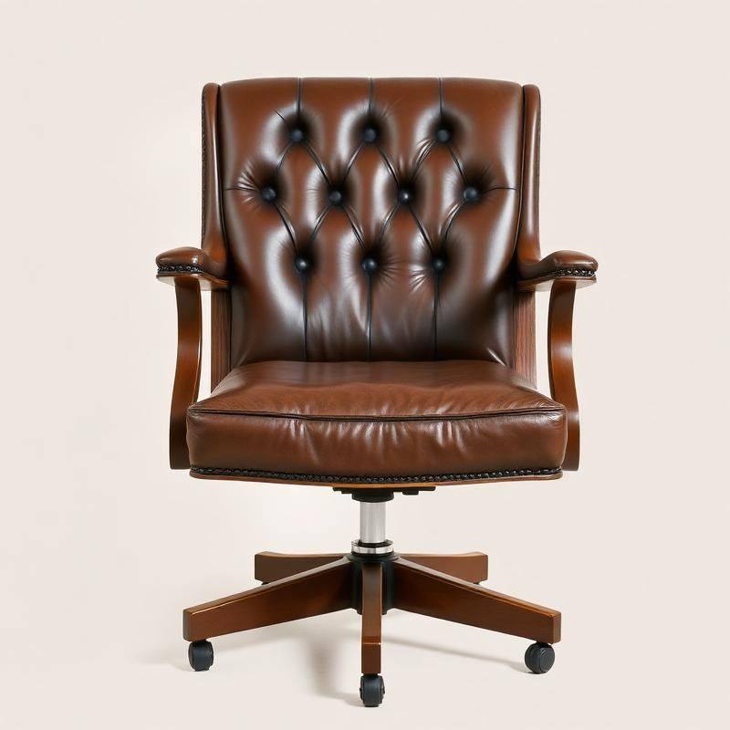Vintage Bruin Leren Bureaustoel met Houten Frame — Klassieke Directiestoel