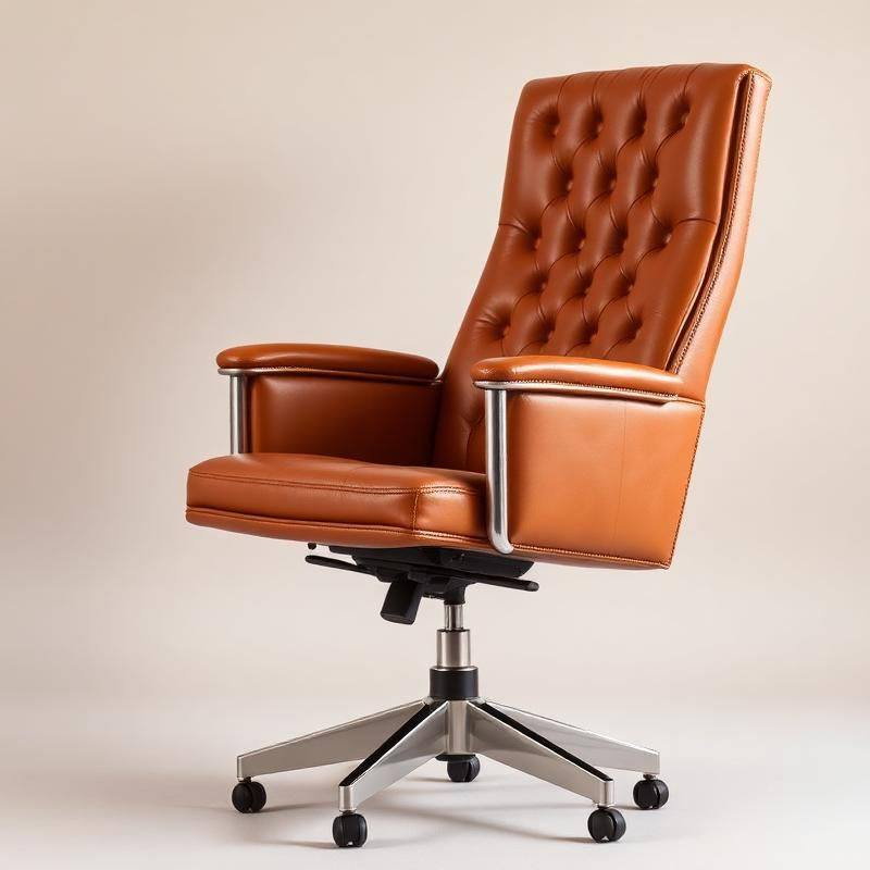Caramel Leren Bureaustoel met Capitonnage — Luxe Directiestoel met Hoge Rug