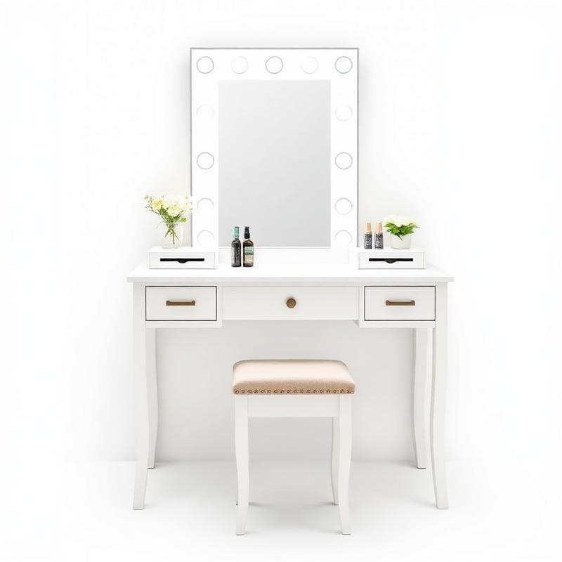 Witte Make-up Tafel met Verlichte Hollywood-Spiegel en Lades - Complete Kaptafel met Kruk