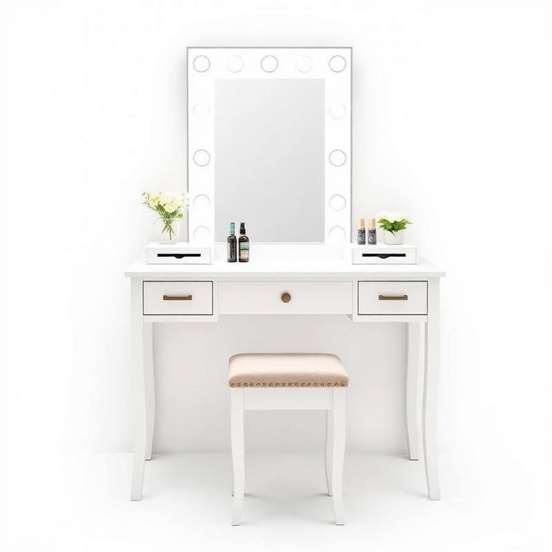 Witte Make-up Tafel met Verlichte Hollywood-Spiegel en Lades - Complete Kaptafel met Kruk