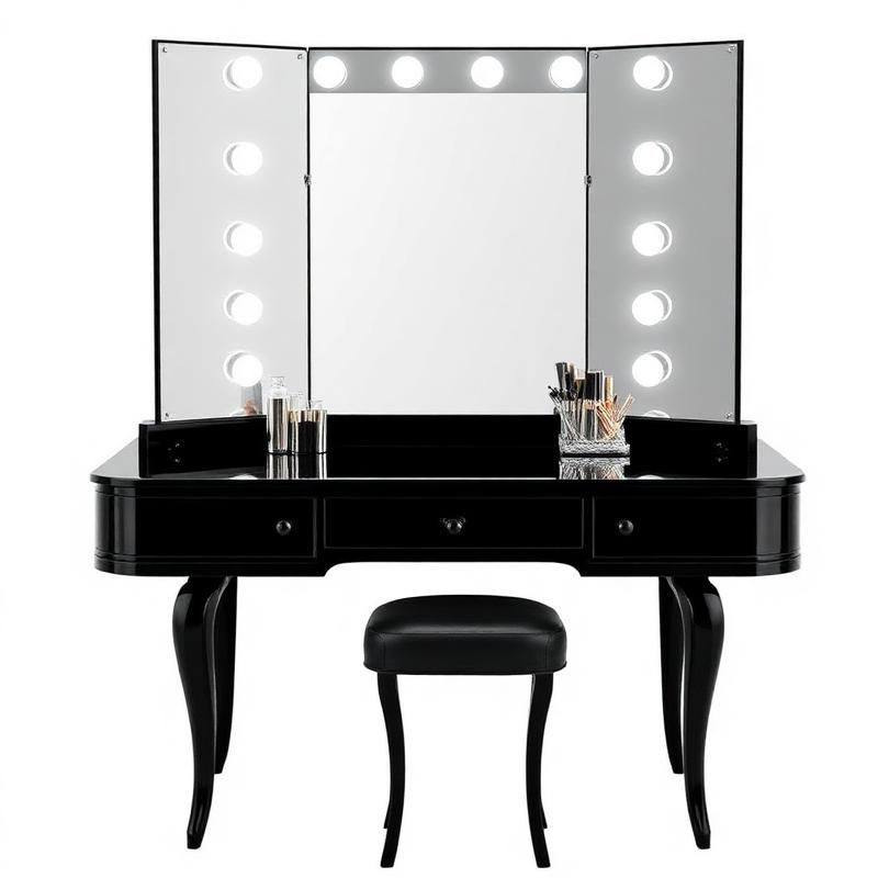 Zwarte Kaptafel met Drievoudige Verlichte Spiegel - Glamoureuze Make-up Tafel