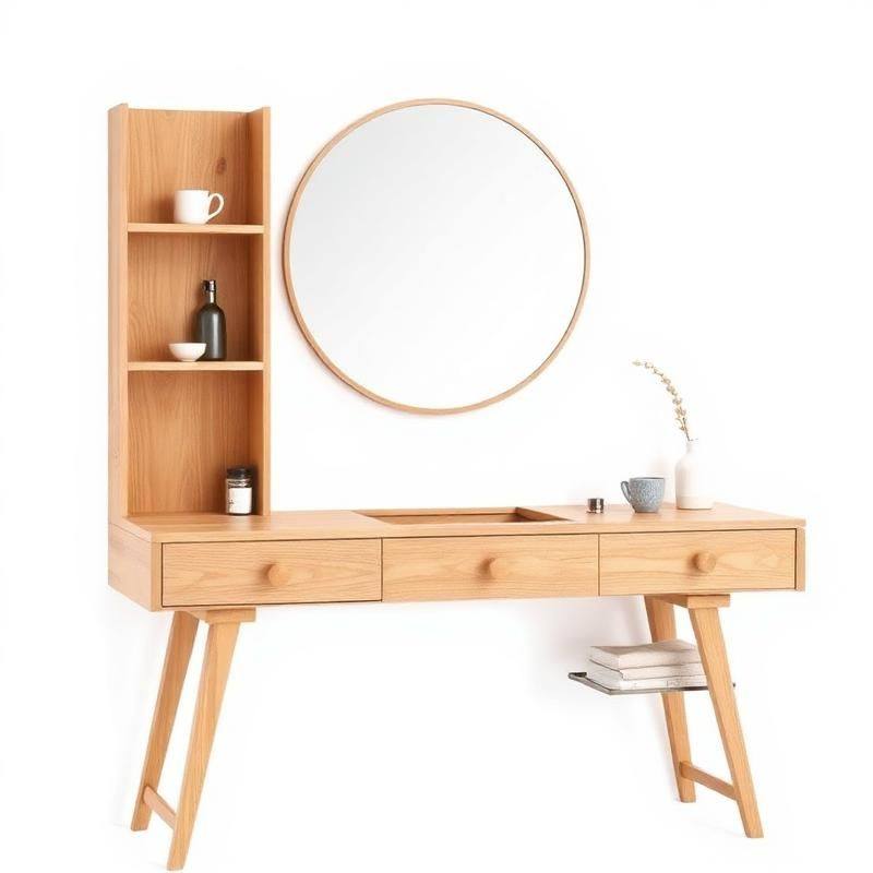 Scandinavische Houten Make-up Tafel met Ronde Spiegel - Natuurlijke Kaptafel