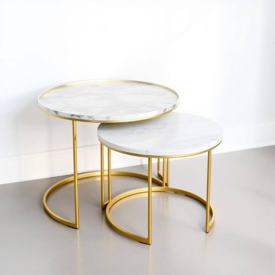 Set van 2 Marmeren Bijzettafels — Nesttafels met Marmerlook Blad en Goud Frame