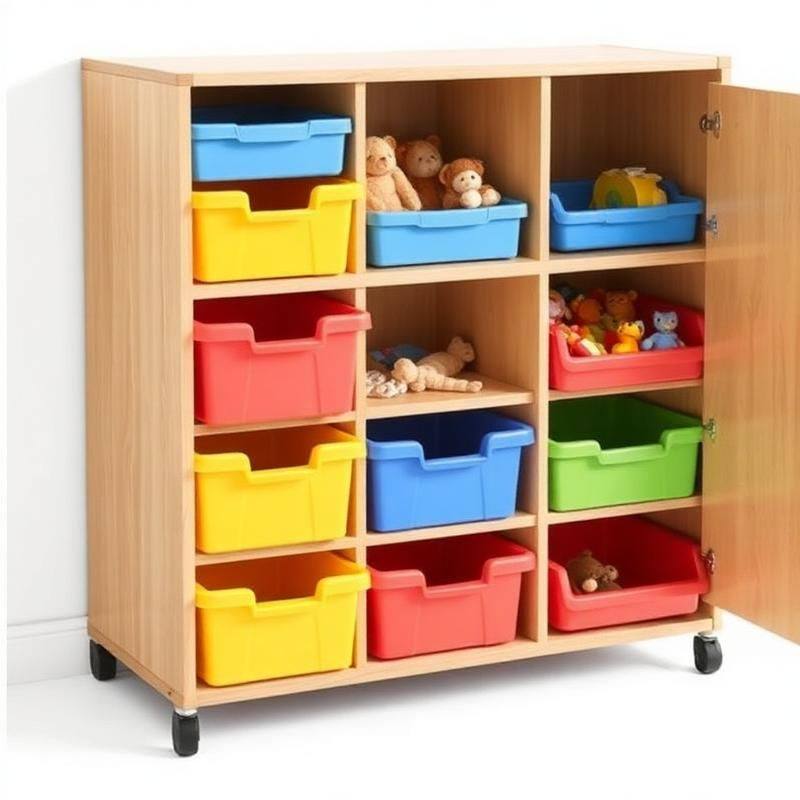 Kinderkast met Kleurrijke Bakken — Speelgoed Opbergkast op Wielen