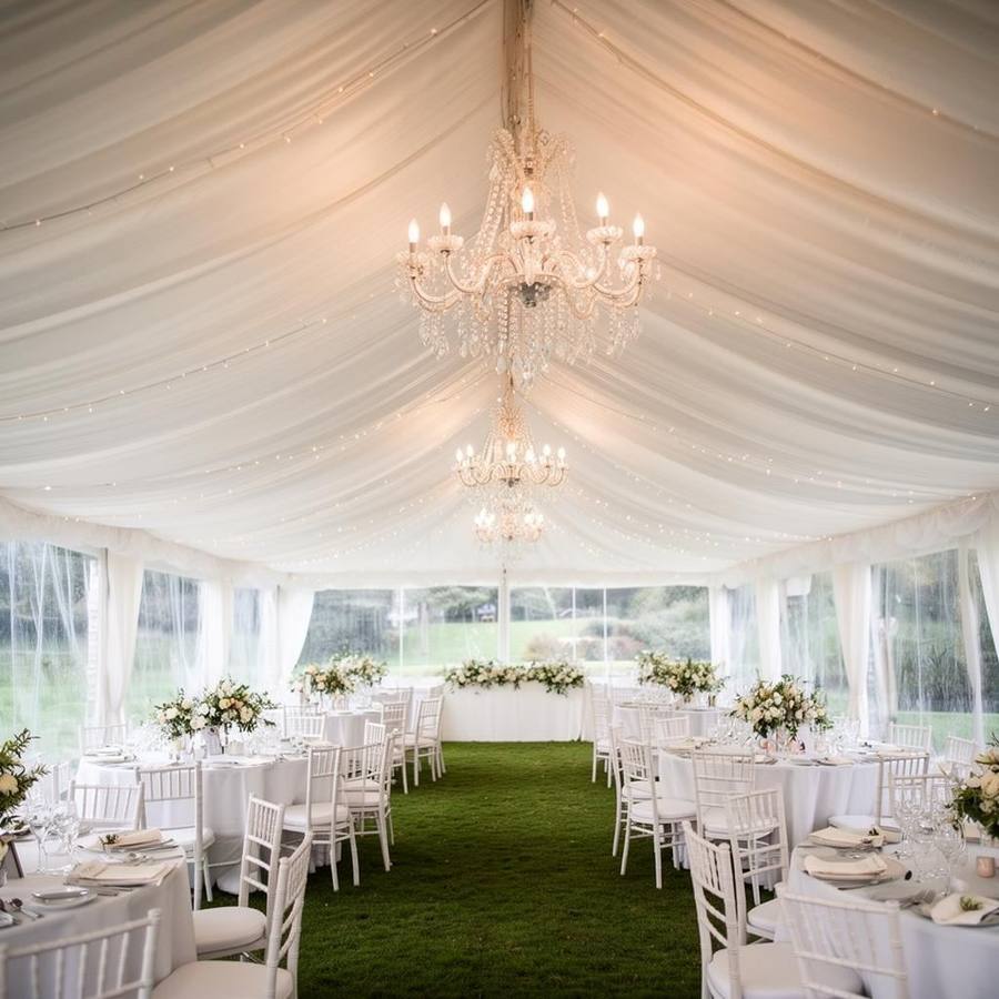 Romantische Bruiloft Party Tent met Draperie en Snoerverlichting – Elegante Marquee voor Speciale Gelegenheden