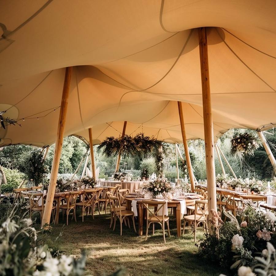 Stretch Tent met Spanndoek – Bohemien Feesttent voor Festival Sfeer en Tuinbruiloften