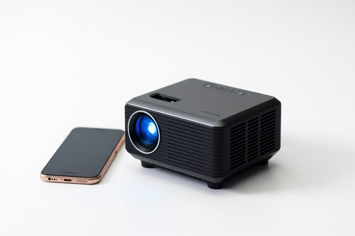 Compacte mini projector vergeleken met smartphone