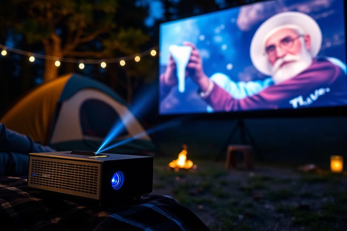 Draagbare projector buiten gebruiken bij camping