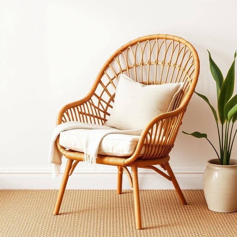 Rotan Boho Accentstoel met Kussen — Natuurlijke Leesstoel voor een Lichte Slaapkamer