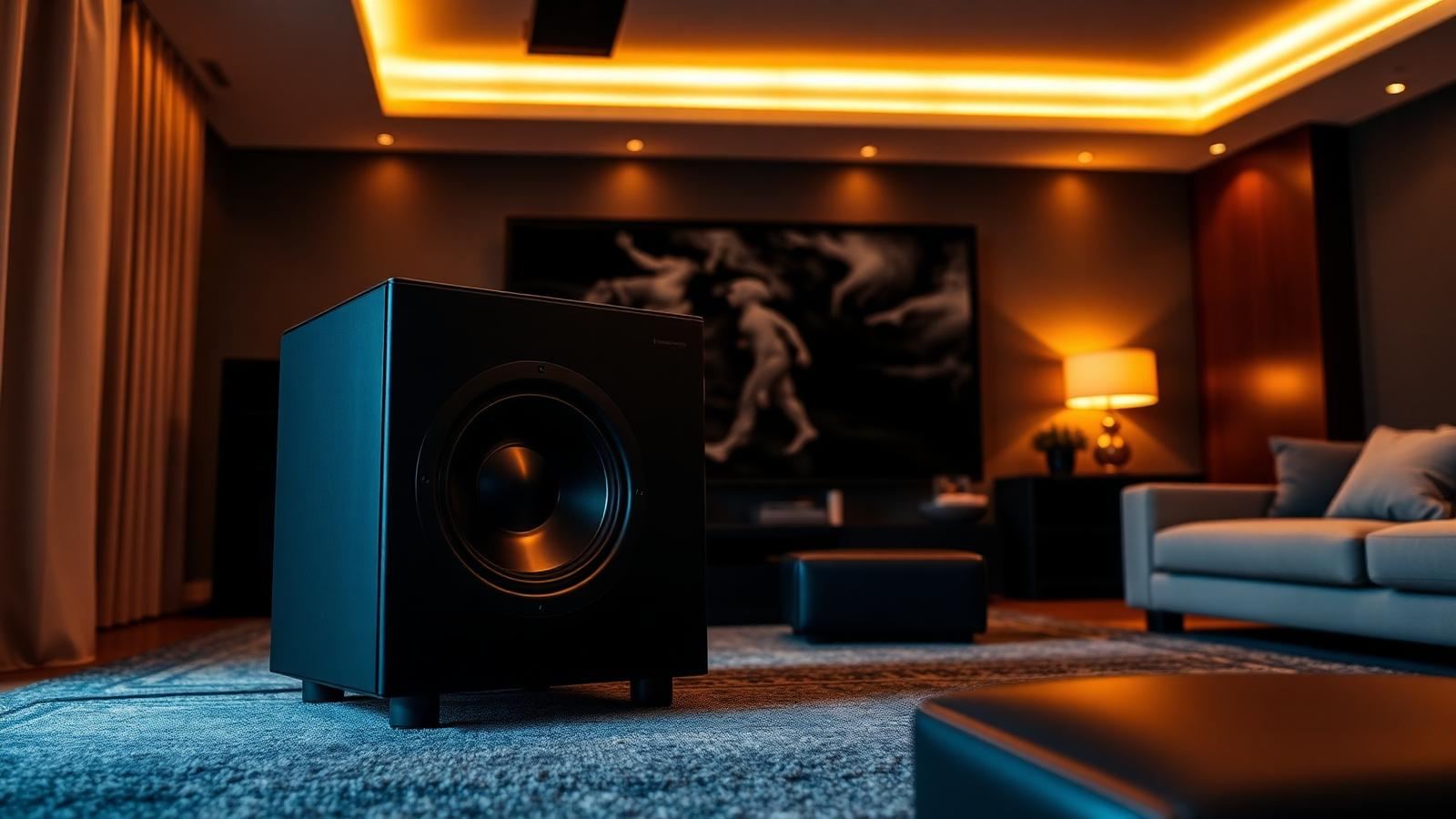 Premium home cinema subwoofer in luxe woonkamer