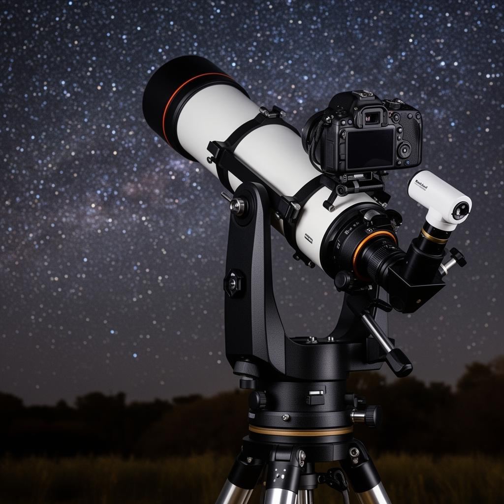 Complete astrophotography telescoop setup onder sterrenhemel
