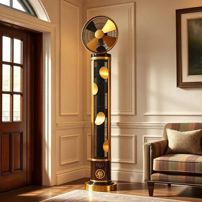 Retro Torenventilator met Goudaccenten — Klassieke Tower Fan met Vintage Uitstraling