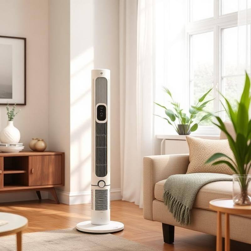 Elegante Torenventilator met Oscillatie en Timer — Stijlvolle Tower Fan in Crèmewit