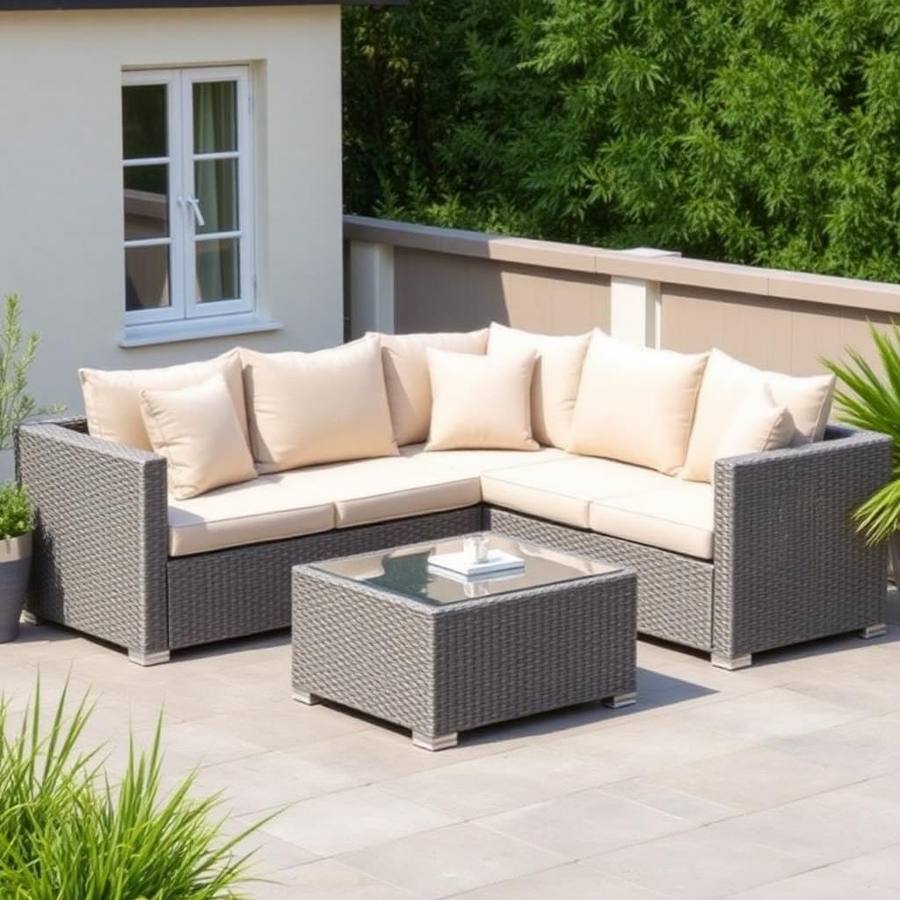 Wicker Loungeset met Tafel — Complete Tuinbank Set met Comfortabele Kussens