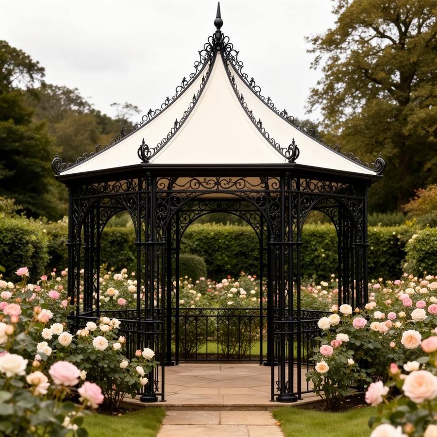 Victoriaans Zeshoekig Gazebo Prieel met Sierlijk IJzeren Dak – Klassieke Tuinornament