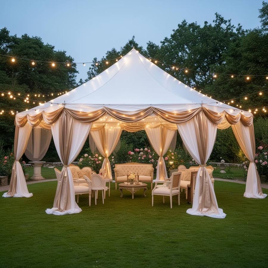 Elegante Party Tent Paviljoen met Decoratieve Draperie – Tuinfeest en Bruiloft Gazebo