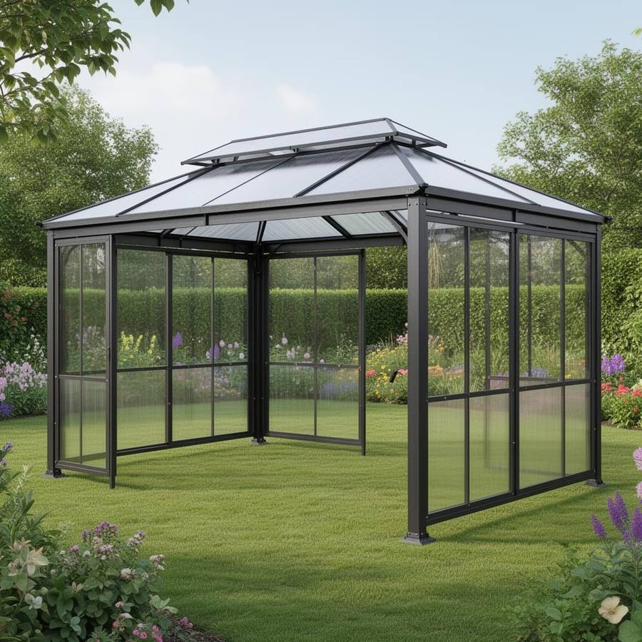 Zware Stalen Tuinpaviljoen met Polycarbonaat Dakpanelen – Stormvaste Overkapping