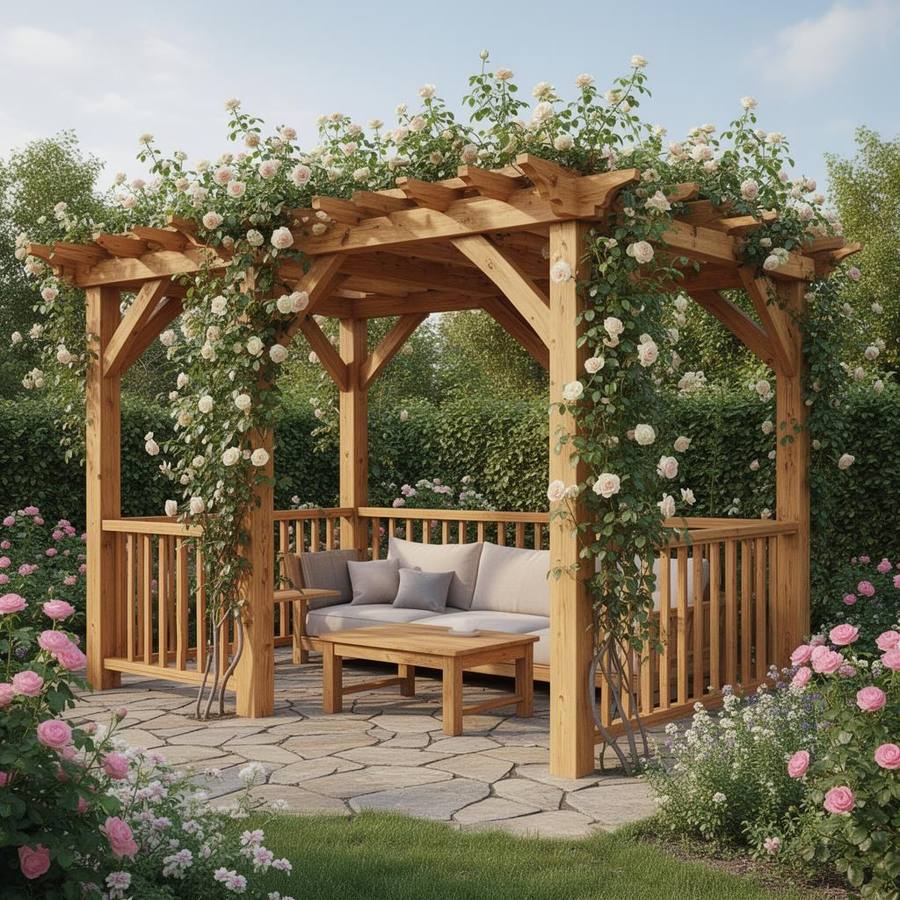 Rustiek Houten Tuinpaviljoen Prieel met Klimplanten – Landelijke Tuin Gazebo