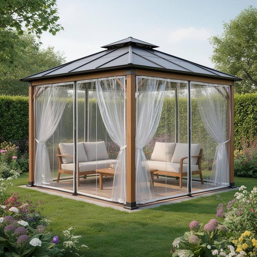 Vier-Seizoenen Tuinpaviljoen met Transparante PVC Zijwanden – Jaarrond Tuinkamer